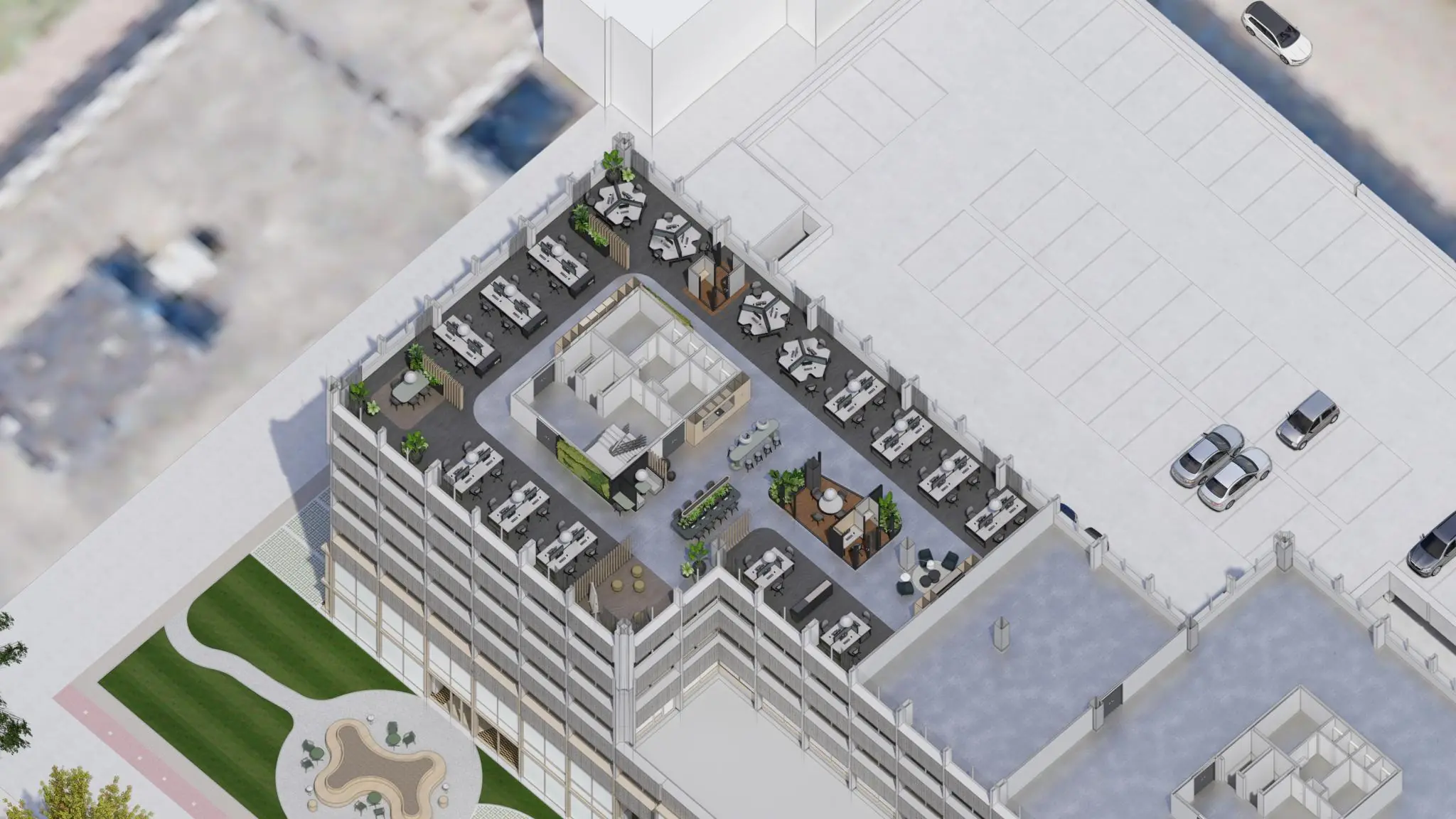 Isometrisch aanzicht van een modern kantoorinterieur op de bovenverdieping aan de Marten Meesweg, met flexplekken, vergaderruimtes en een dakterras.